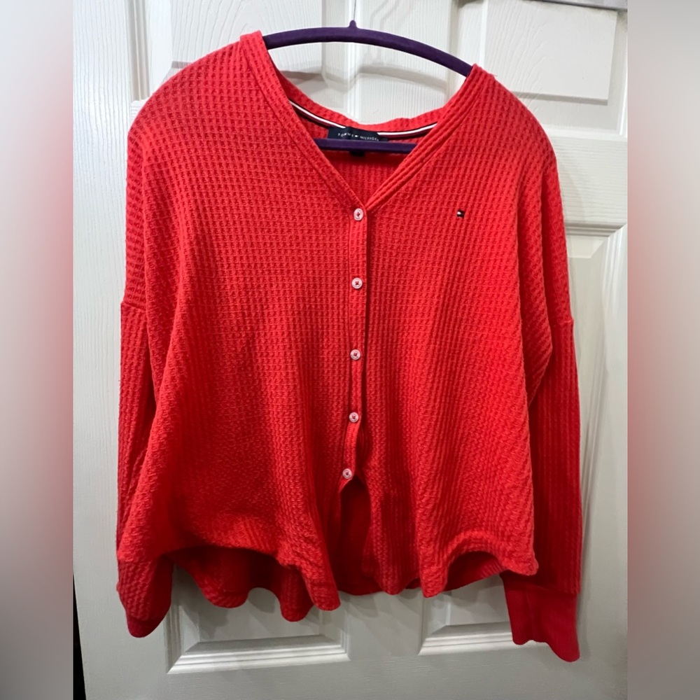 Women's Chili Red Tommy Hilfiger Waffle Tie Front Top Size Small